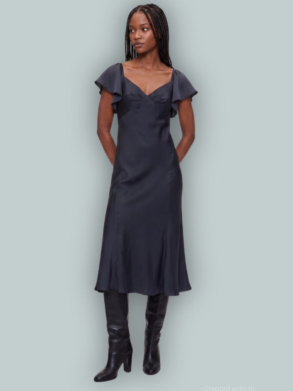 GAP Studio Midnight Navy Flutter-Sleeve Satin Midi Dress NWT size XL